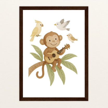 Aki der Affe - Motiv: "Ukulele" Poster mit Holzrahmen von tinylearner