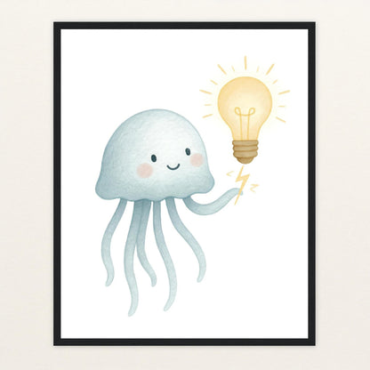Quinn die Qualle - Motiv: "Glühbirne" Poster mit Holzrahmen von tinylearner