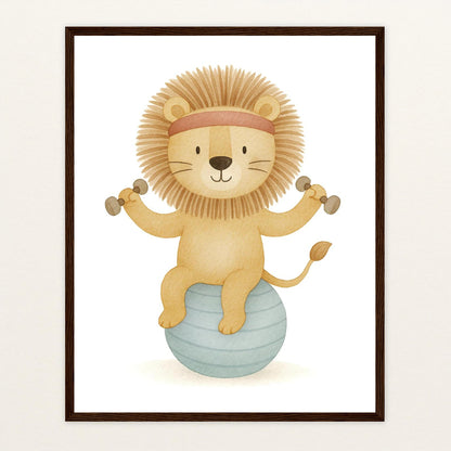 Leo der Löwe - Motiv: "Workout" Poster mit Holzrahmen von tinylearner