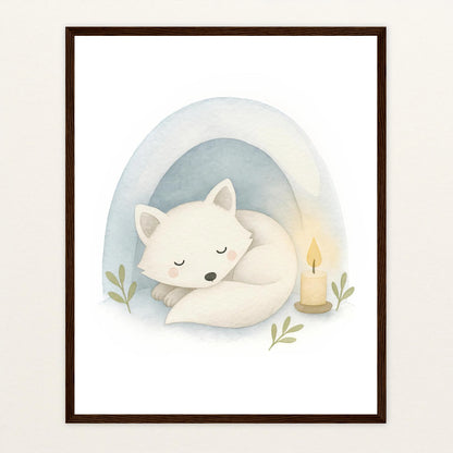 Pino der Polarfuchs - Motiv: "Schneehöhle" Poster mit Holzrahmen von tinylearner