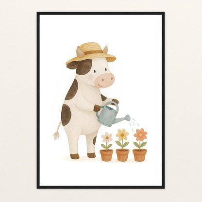 Klara die Kuh - Motiv: "Blumengießen" Poster mit Holzrahmen von tinylearner