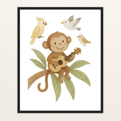 Aki der Affe - Motiv: "Ukulele" Poster mit Holzrahmen von tinylearner