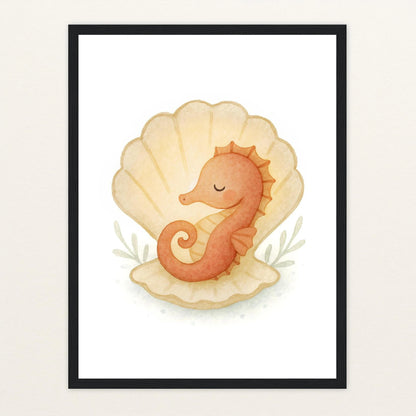 Suri das Seepferdchen - Motiv: "Muschel" Poster mit Holzrahmen von tinylearner