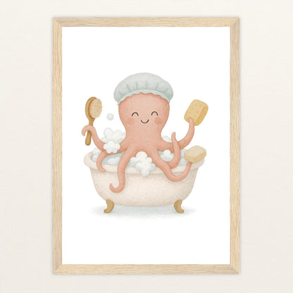 Tilli der Tintenfisch - Motiv: "Baden" Poster mit Holzrahmen von tinylearner