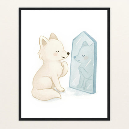 Pino der Polarfuchs - Motiv: "Spiegel" Poster mit Holzrahmen von tinylearner
