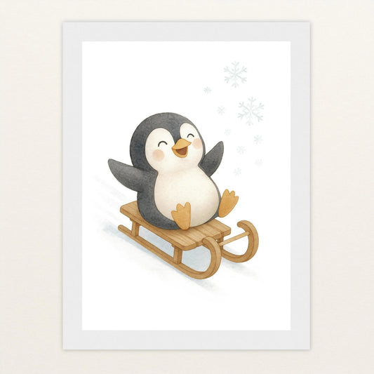 Pia der Pinguin - Motiv: "Schlitten" Poster mit Holzrahmen von tinylearner