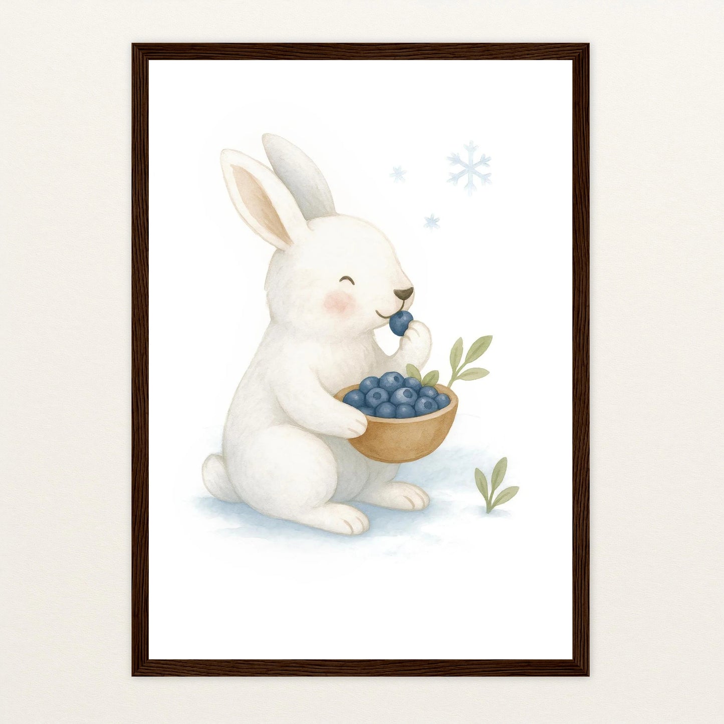 Sina der Schneehase - Motiv: "Blaubeeren" Poster mit Holzrahmen von tinylearner