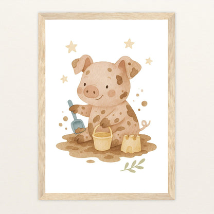 Susi das Schwein - Motiv: "Sandkasten" Poster mit Holzrahmen von tinylearner