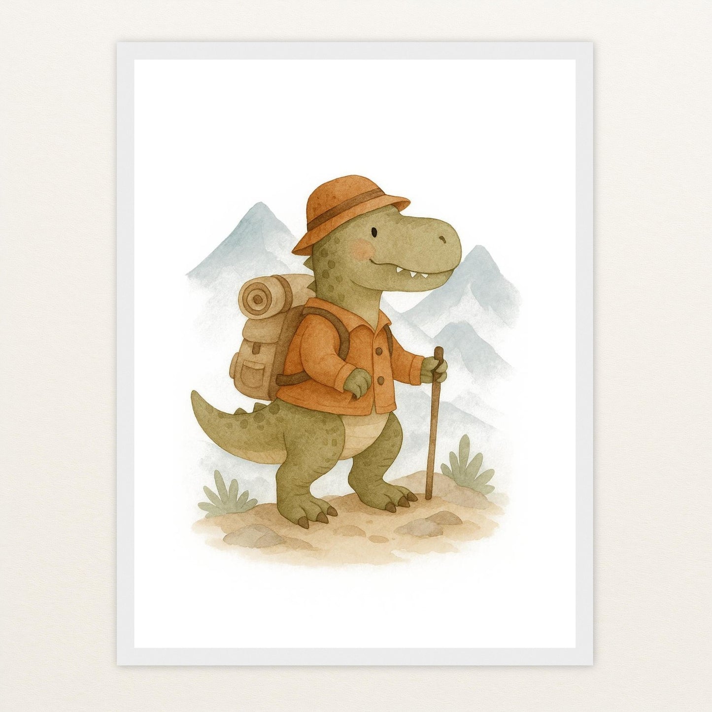 Dinosaurier T-Rex - Motiv: "Wandern" Poster mit Holzrahmen von tinylearner