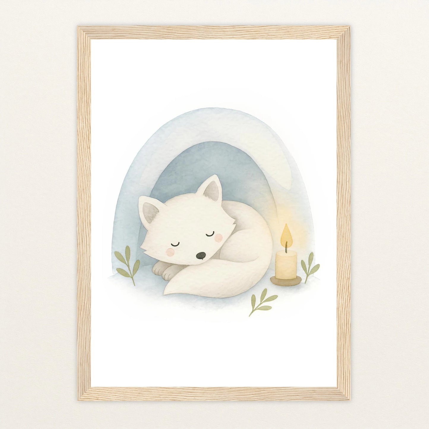 Pino der Polarfuchs - Motiv: "Schneehöhle" Poster mit Holzrahmen von tinylearner