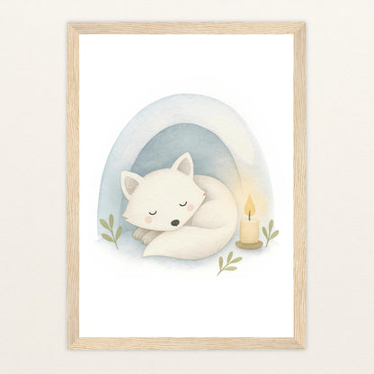 Pino der Polarfuchs - Motiv: "Schneehöhle" Poster mit Holzrahmen von tinylearner