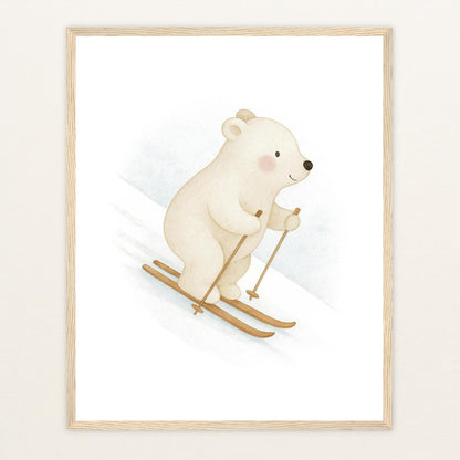 Pummel der Polarbär - Motiv: "Ski" Poster mit Holzrahmen von tinylearner
