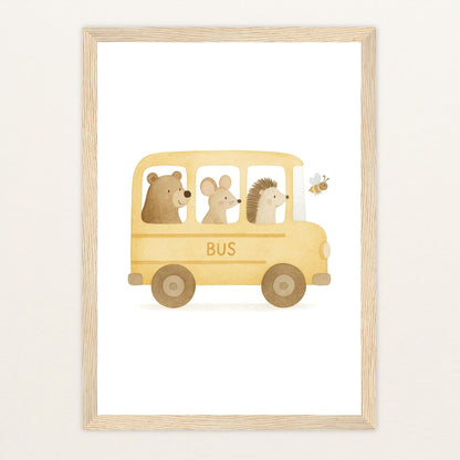 Tierfreunde - Motiv: "Schulbus" Poster mit Holzrahmen von tinylearner