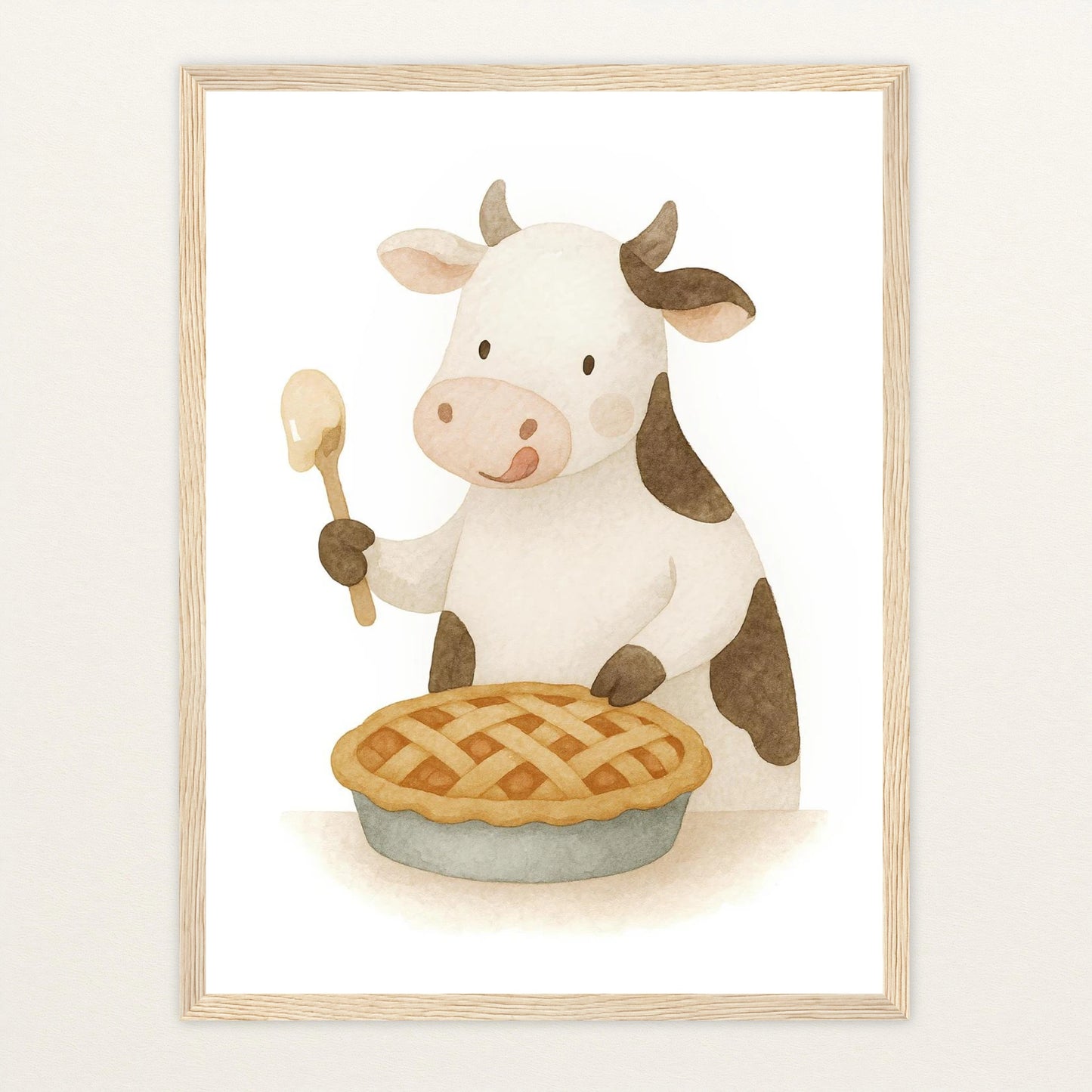 Klara die Kuh - Motiv: "Kuchen" Poster mit Holzrahmen von tinylearner