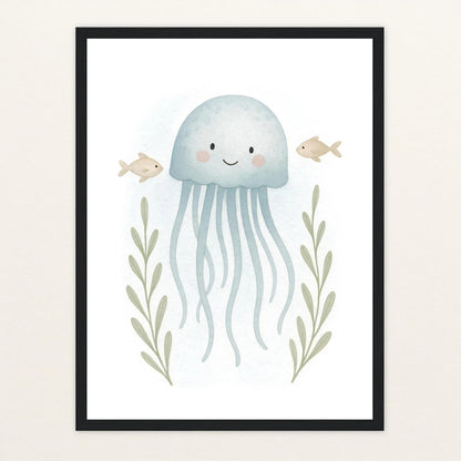 Quinn die Qualle Poster mit Holzrahmen von tinylearner