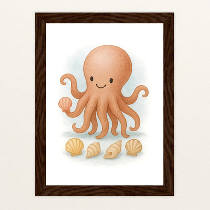 Tilli der Tintenfisch - Motiv: "Muscheln" Poster mit Holzrahmen von tinylearner