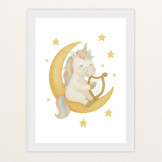 Luni das Einhorn - Motiv: "Mond" Poster mit Holzrahmen von tinylearner