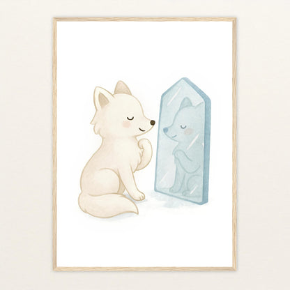 Pino der Polarfuchs - Motiv: "Spiegel" Poster mit Holzrahmen von tinylearner