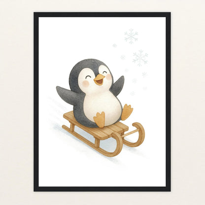 Pia der Pinguin - Motiv: "Schlitten" Poster mit Holzrahmen von tinylearner