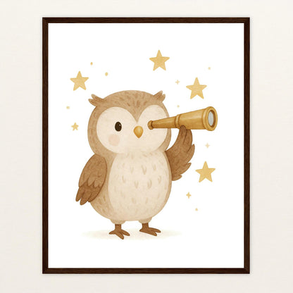 Emmi die Eule - Motiv: "Fernglas" Poster mit Holzrahmen von tinylearner