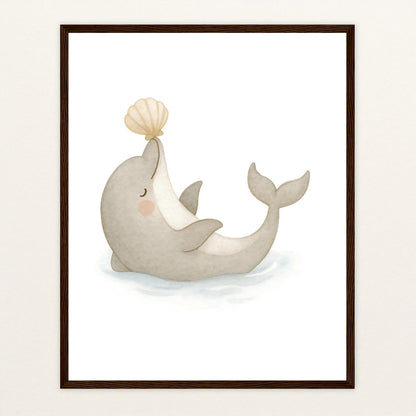 Dora der Delfin - Motiv: "Muschel" Poster mit Holzrahmen von tinylearner