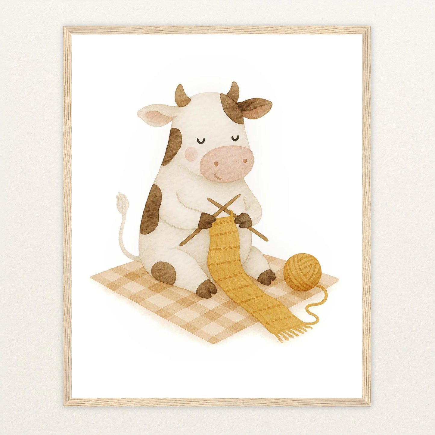 Klara die Kuh - Motiv: "Häkeln" Poster mit Holzrahmen von tinylearner