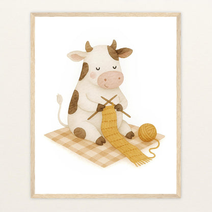 Klara die Kuh - Motiv: "Häkeln" Poster mit Holzrahmen von tinylearner