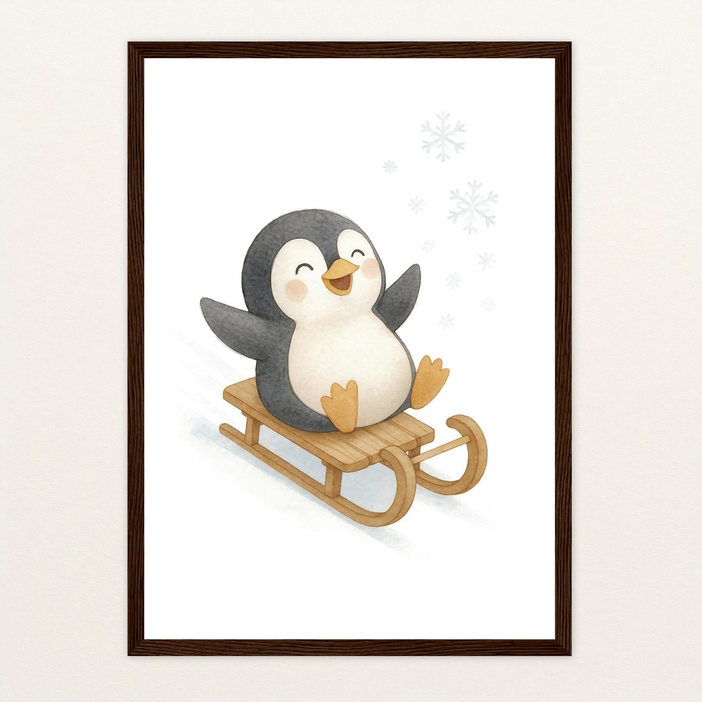 Pia der Pinguin - Motiv: "Schlitten" Poster mit Holzrahmen von tinylearner