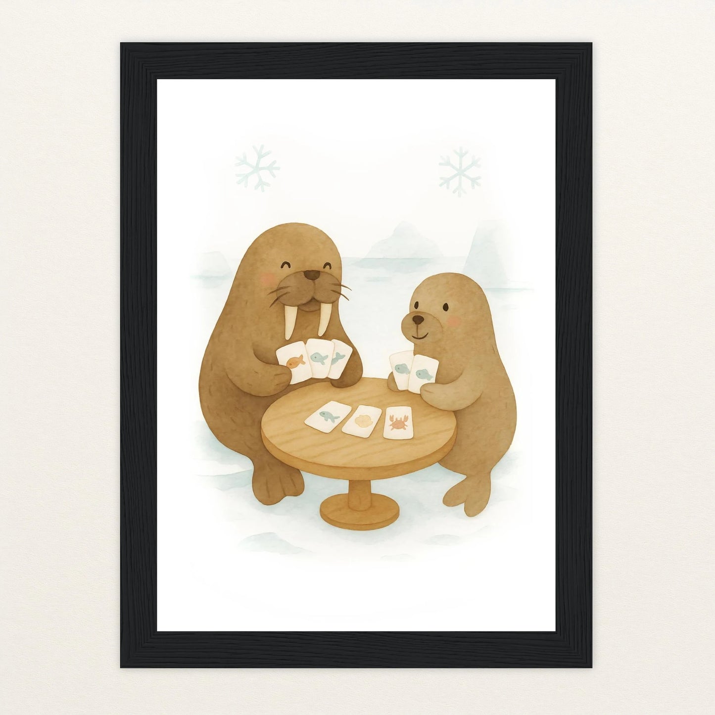 Wally das Walross - Motiv: "Kartenspiel" Poster mit Holzrahmen von tinylearner