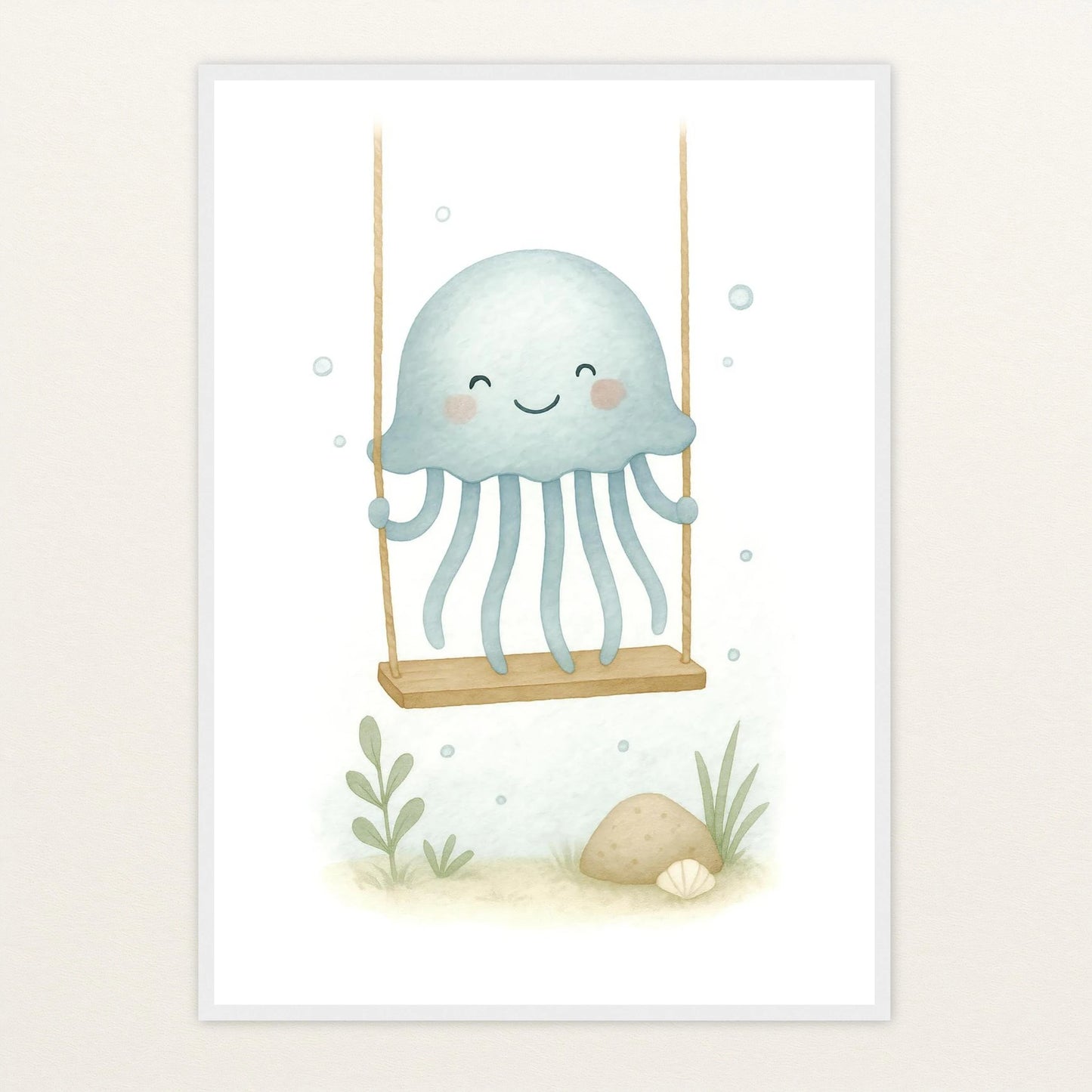 Quinn die Qualle - Motiv: "Schaukel" Poster mit Holzrahmen von tinylearner