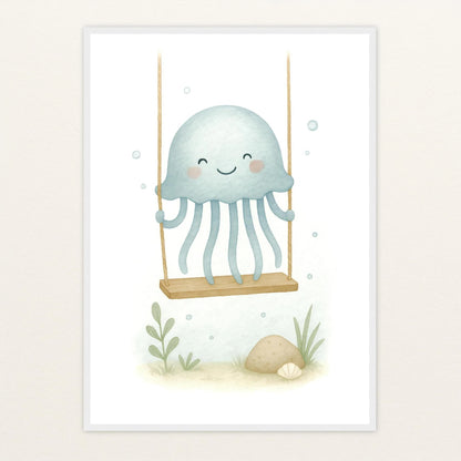 Quinn die Qualle - Motiv: "Schaukel" Poster mit Holzrahmen von tinylearner