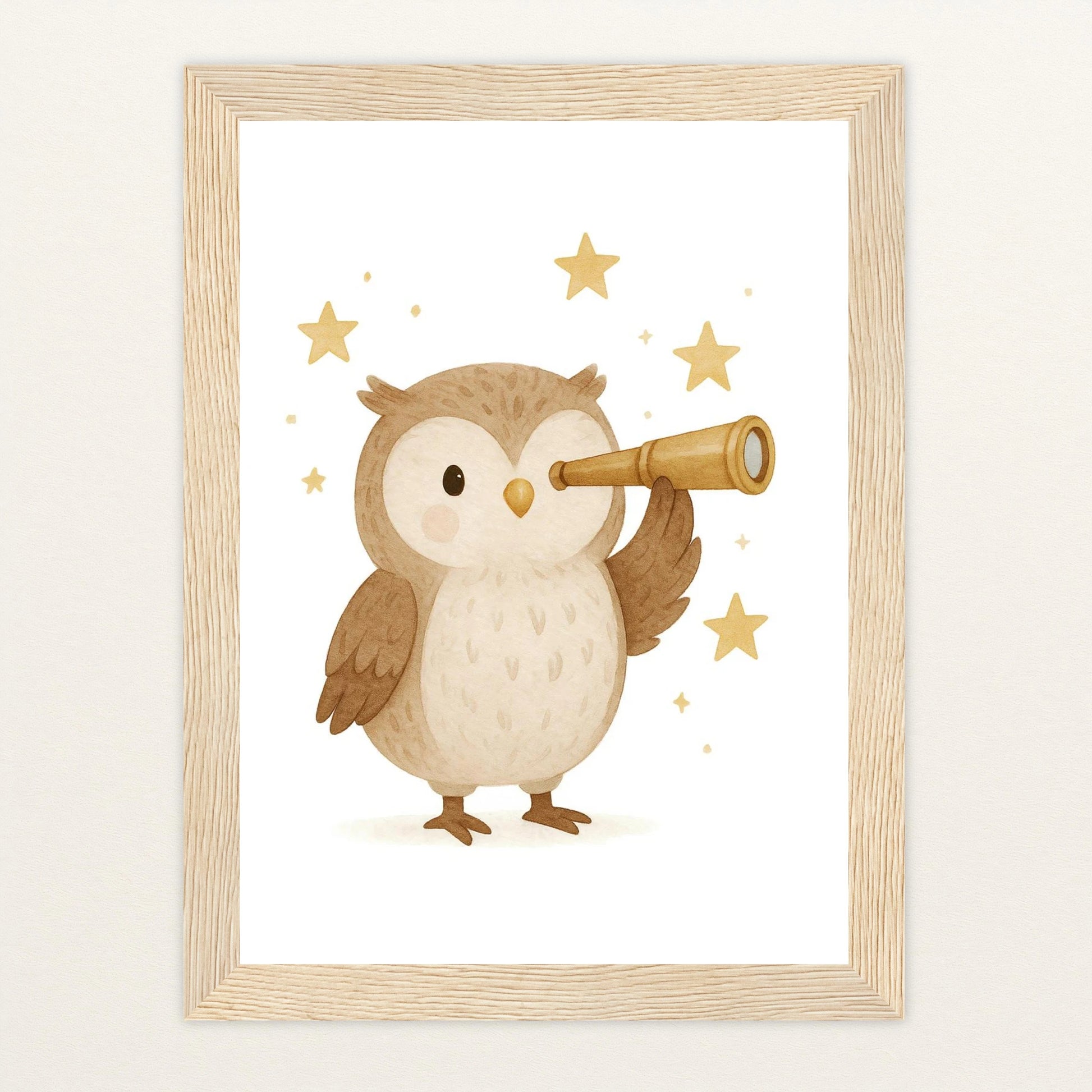 Emmi die Eule - Motiv: "Fernglas" Poster mit Holzrahmen von tinylearner