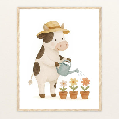 Klara die Kuh - Motiv: "Blumengießen" Poster mit Holzrahmen von tinylearner