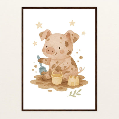 Susi das Schwein - Motiv: "Sandkasten" Poster mit Holzrahmen von tinylearner