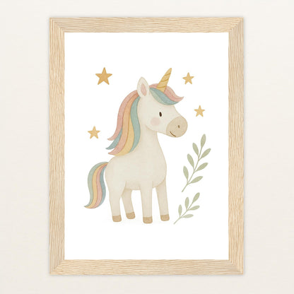 Luni das Einhorn Poster mit Holzrahmen von tinylearner