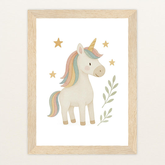 Luni das Einhorn Poster mit Holzrahmen von tinylearner