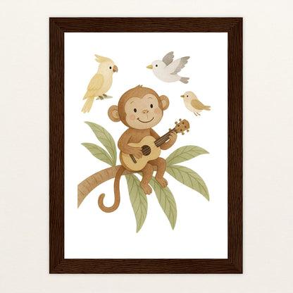 Aki der Affe - Motiv: "Ukulele" Poster mit Holzrahmen von tinylearner