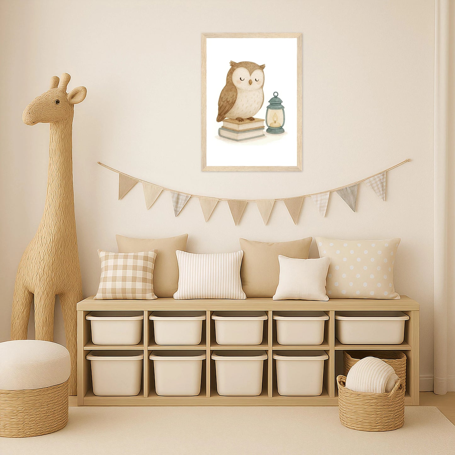 Emmi die Eule - Motiv: "Buch" Poster mit Holzrahmen von tinylearner