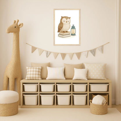 Emmi die Eule - Motiv: "Buch" Poster mit Holzrahmen von tinylearner