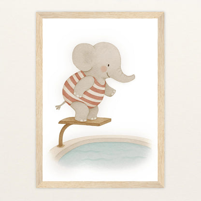 Emil der Elefant - Motiv: "Pool" Poster mit Holzrahmen von tinylearner