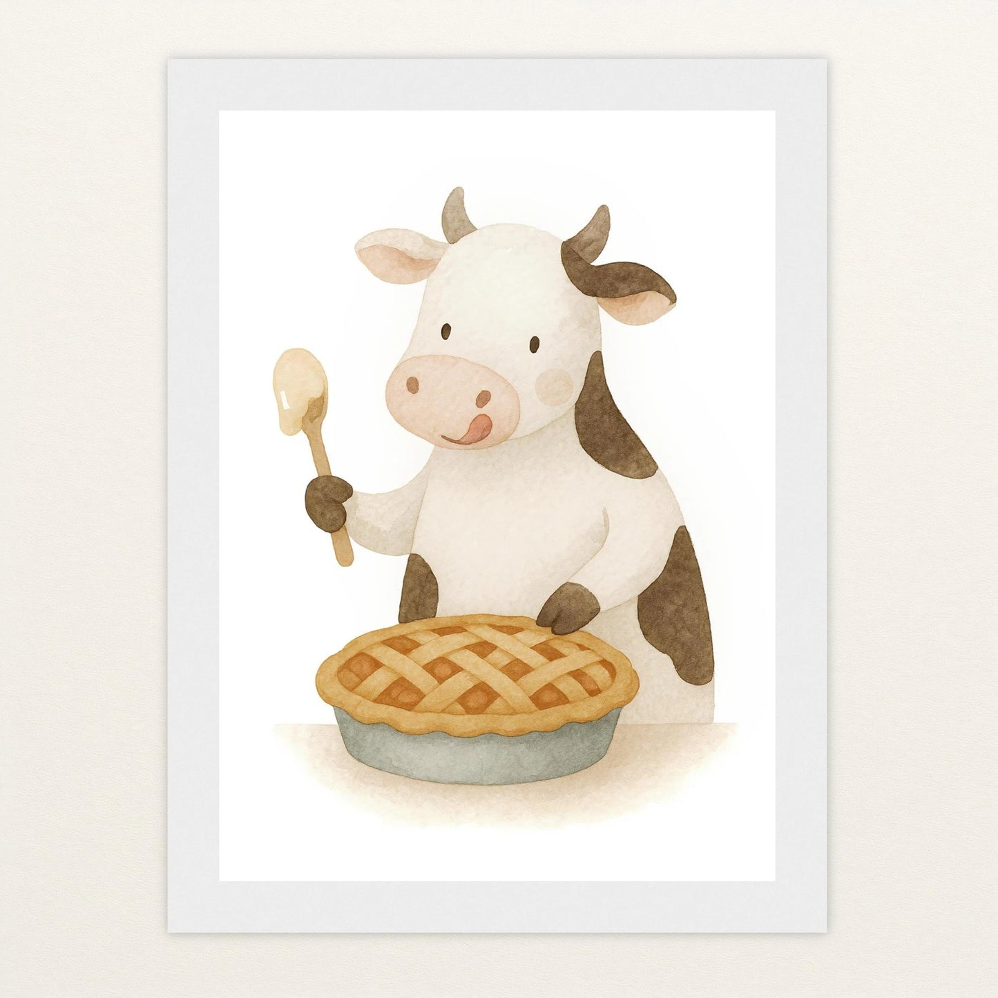 Klara die Kuh - Motiv: "Kuchen" Poster mit Holzrahmen von tinylearner