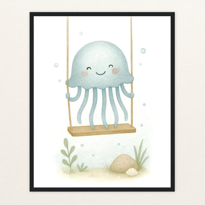 Quinn die Qualle - Motiv: "Schaukel" Poster mit Holzrahmen von tinylearner