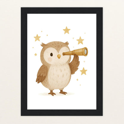Emmi die Eule - Motiv: "Fernglas" Poster mit Holzrahmen von tinylearner