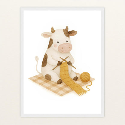 Klara die Kuh - Motiv: "Häkeln" Poster mit Holzrahmen von tinylearner