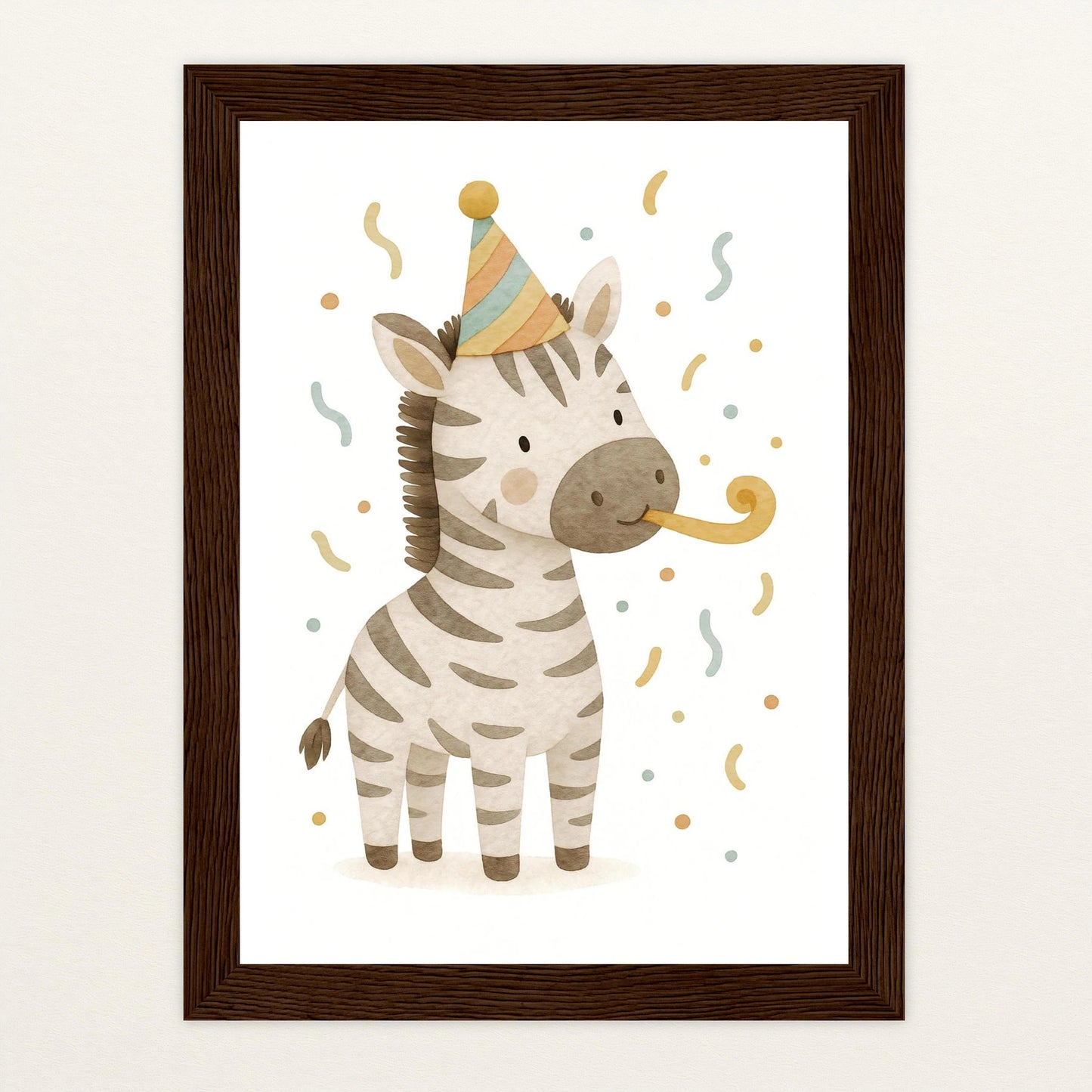 Zinni das Zebra - Motiv: "Party" Poster mit Holzrahmen von tinylearner