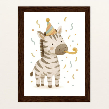 Zinni das Zebra - Motiv: "Party" Poster mit Holzrahmen von tinylearner