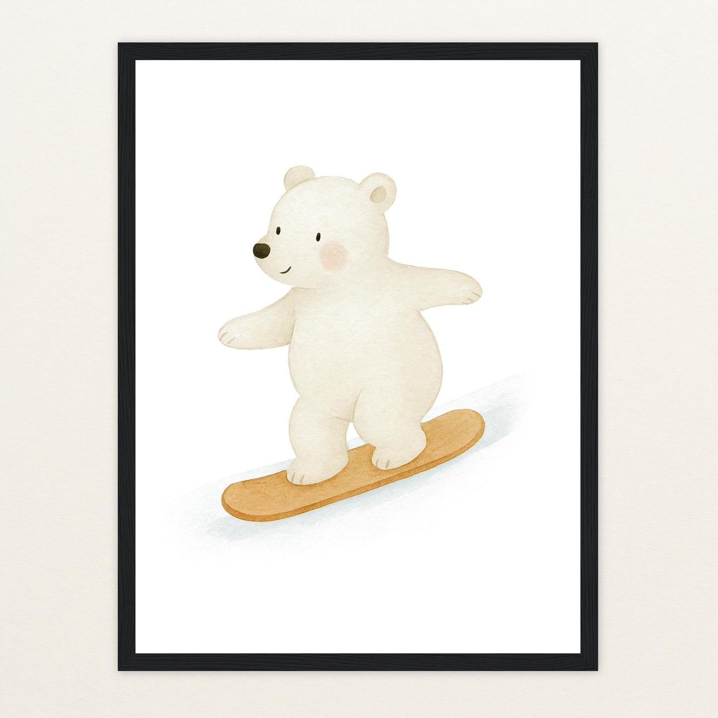 Pummel der Polarbär - Motiv: "Snowboard" Poster mit Holzrahmen von tinylearner