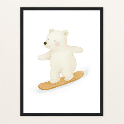 Pummel der Polarbär - Motiv: "Snowboard" Poster mit Holzrahmen von tinylearner