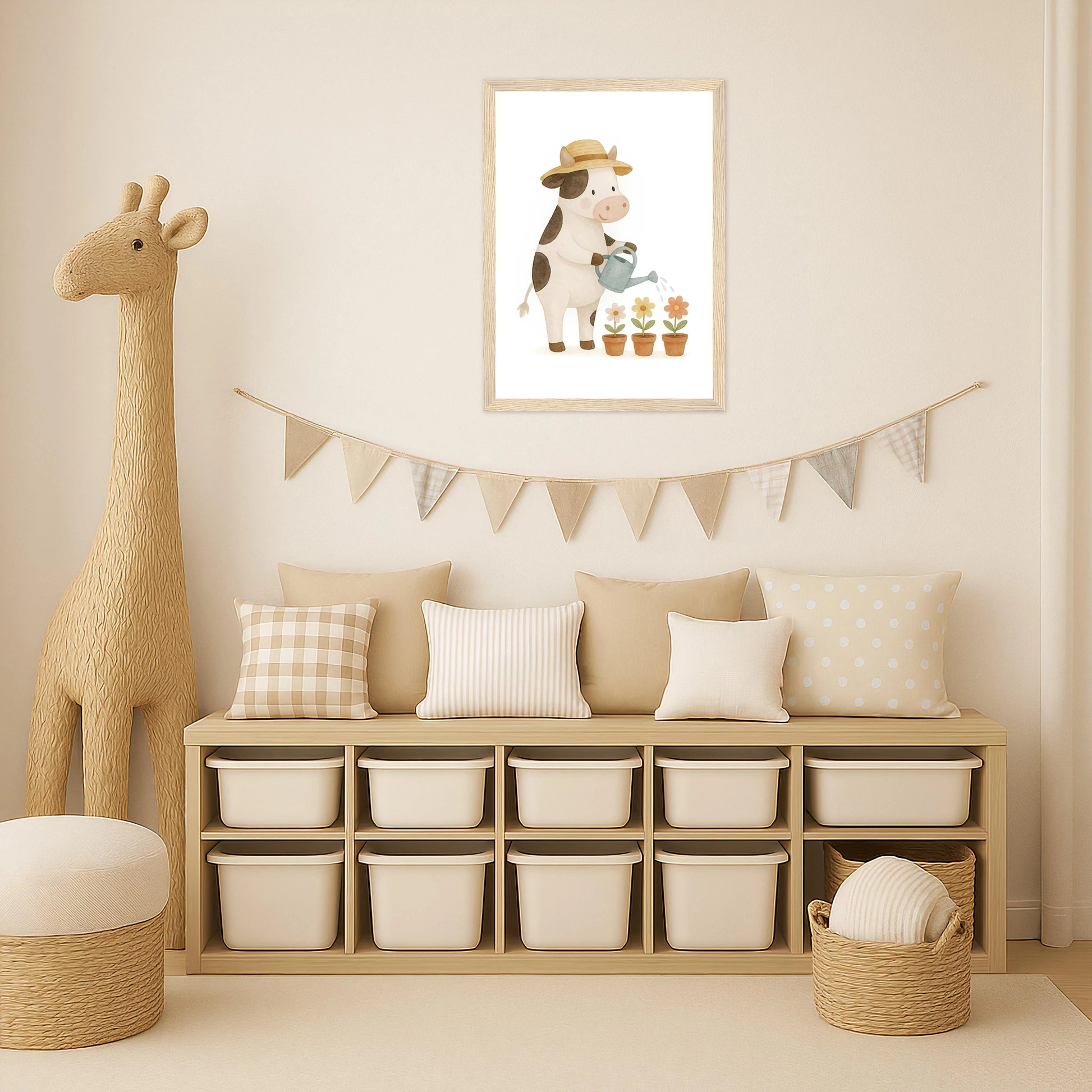 Klara die Kuh - Motiv: "Blumengießen" Poster mit Holzrahmen von tinylearner