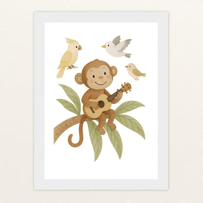 Aki der Affe - Motiv: "Ukulele" Poster mit Holzrahmen von tinylearner